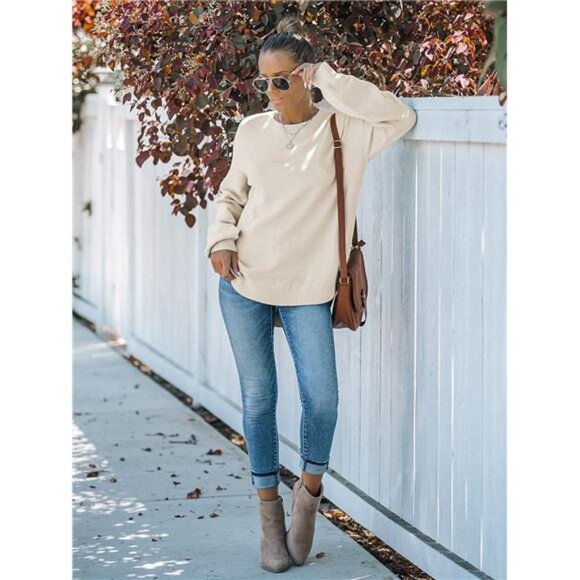 Women's Fall Long Balloon Sleeve Crew Neck Sweater: Soft Waffle Knit - Picture 6 of 7